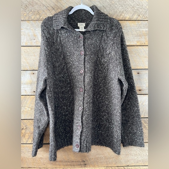 LL Bean Womens Size 2X Cable Knit Wool Blend Cardigan Sweater Speckled Fisherman - Picture 2 of 13